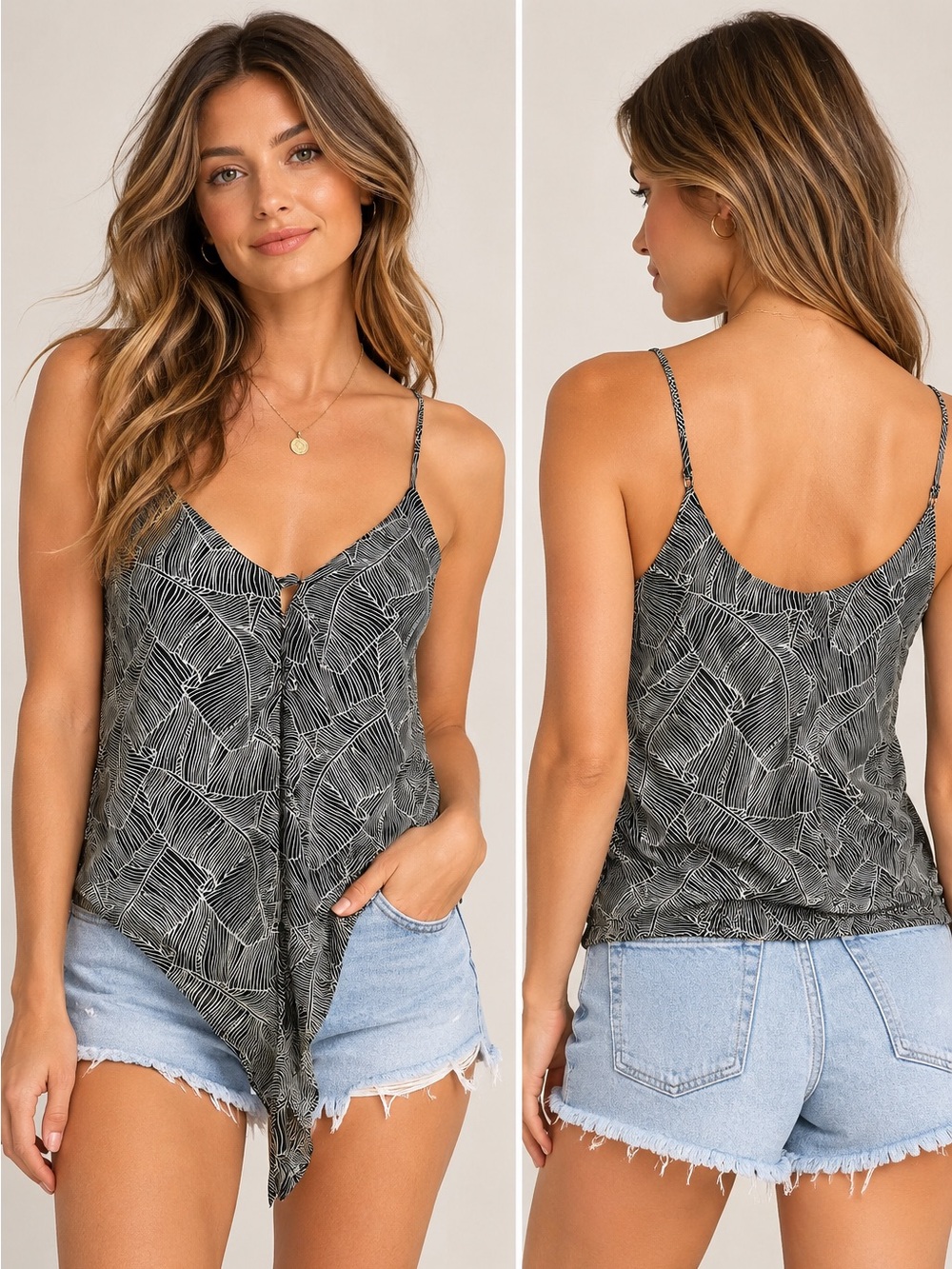 Sienna Sky Geometric Tie-Front Camisole in Black & White Like New